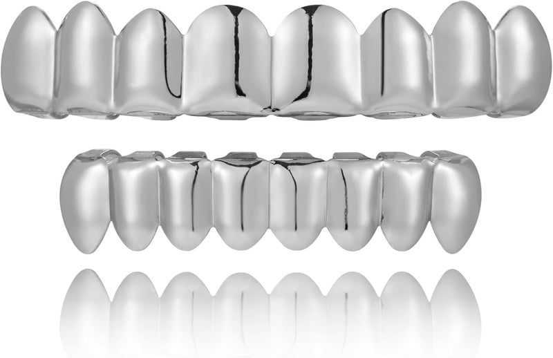 Txdvbls Store Grillz - Gold & Silver 6/8 Teeth Top & Bottom Grillz Set for Men and Women, 14K Gold Plated Teeth Caps for Halloween Costume Accessories - Image 1